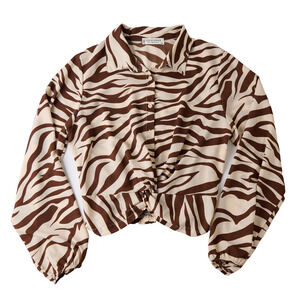 Jon & Anna Zebra Crop Blouse Women's M Brown Y2K Retro Puff Sleeve Safari Animal
